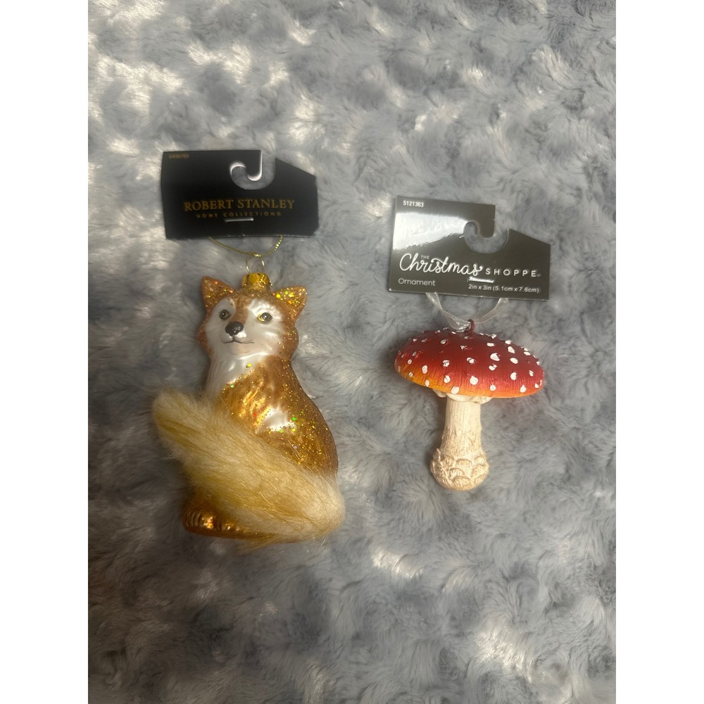 Robert Stanley Glitter Fox and The Christmas Shoppe Mushroom Ornament Set NEW